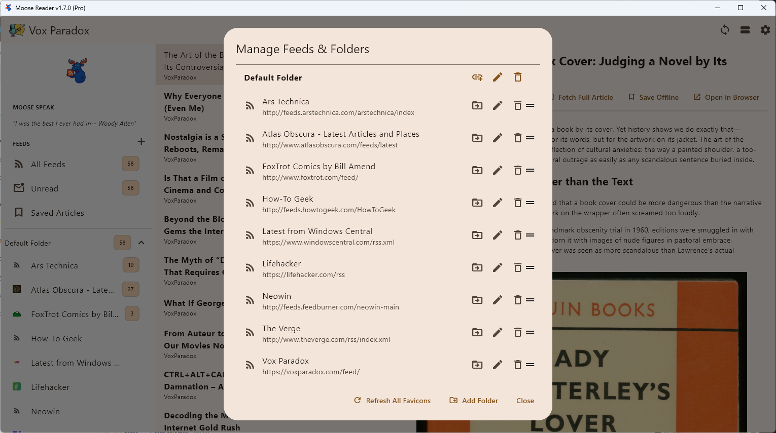 Moose Reader settings dialog
