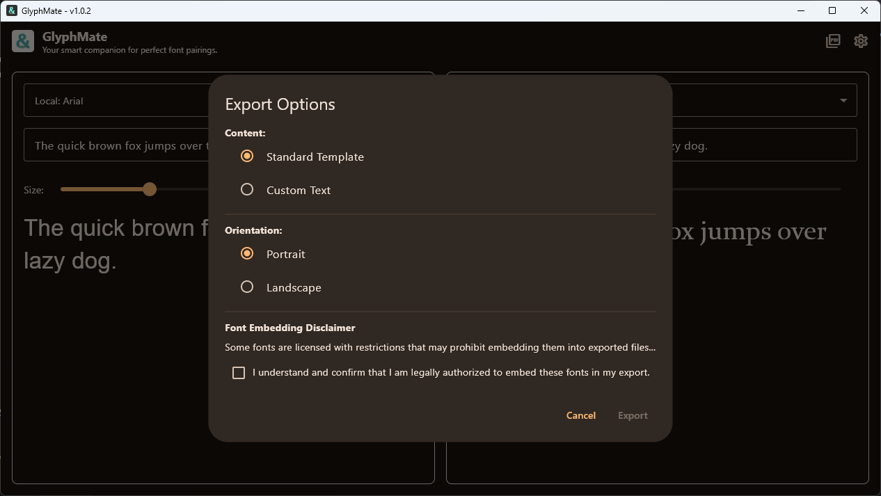 Glyphmate PDF export options