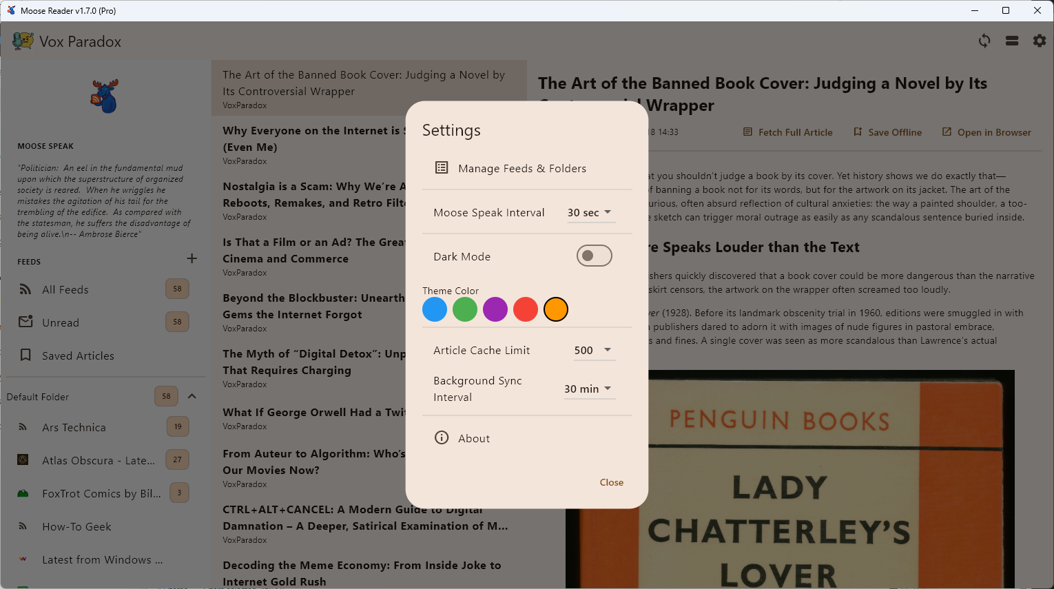 Moose Reader settings dialog
